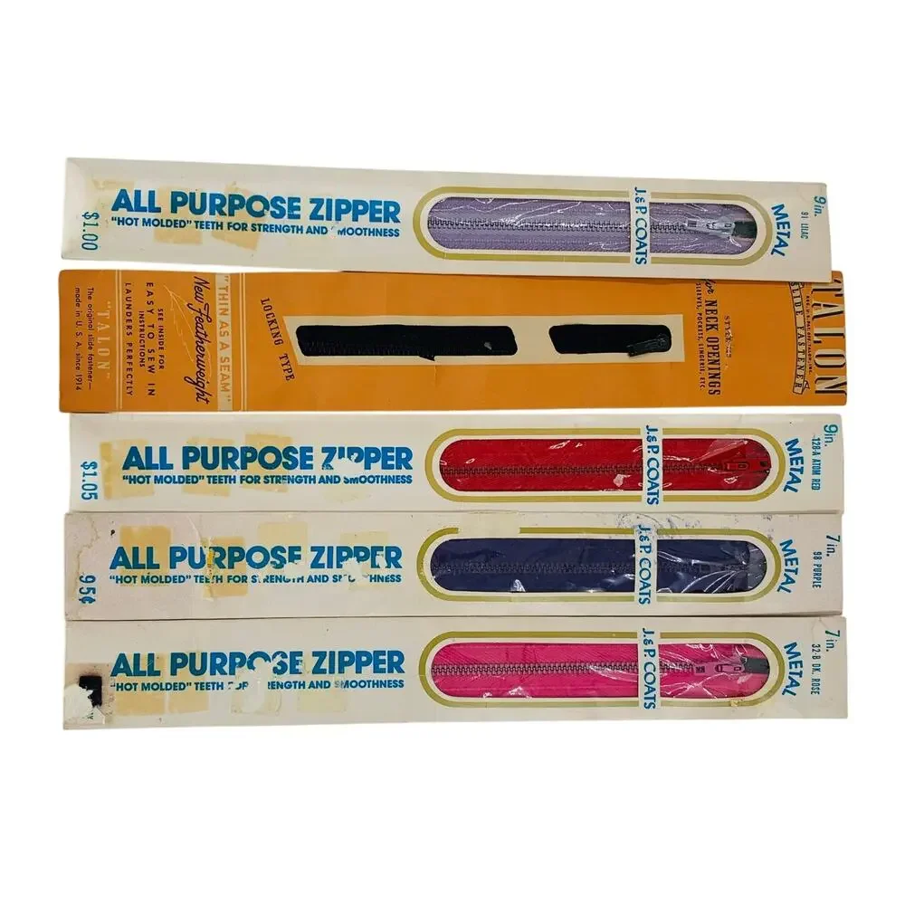 JP Coats 9 inch Zippers Polyester Metal Multicolor Lot 5 Zippers All Purpose USA